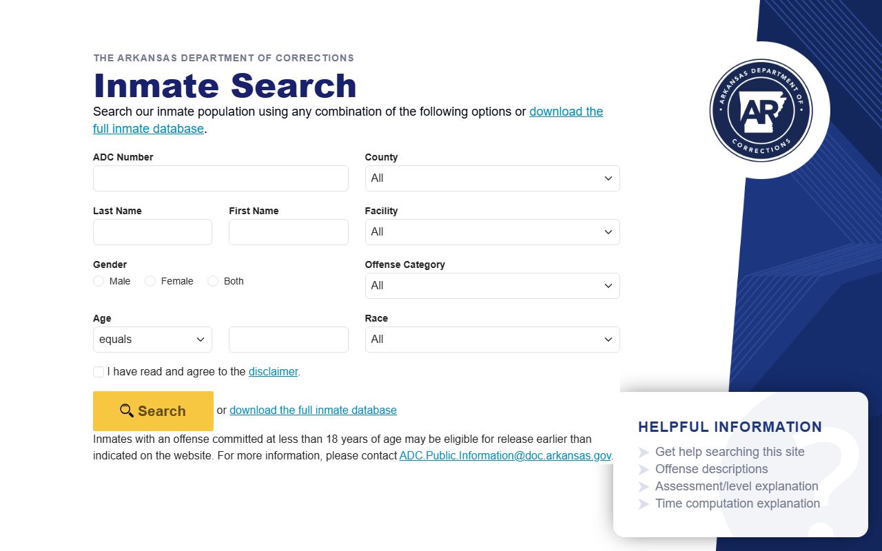 Woodruff County inmate population Arkansas DOC inmate search fields